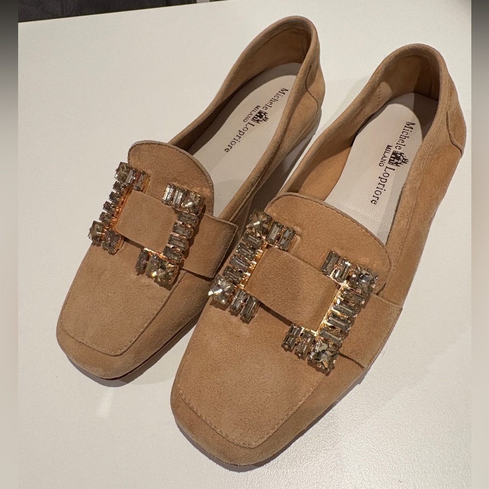 Michele Lopriore slip on flats suede camel jewel buckle size 36
